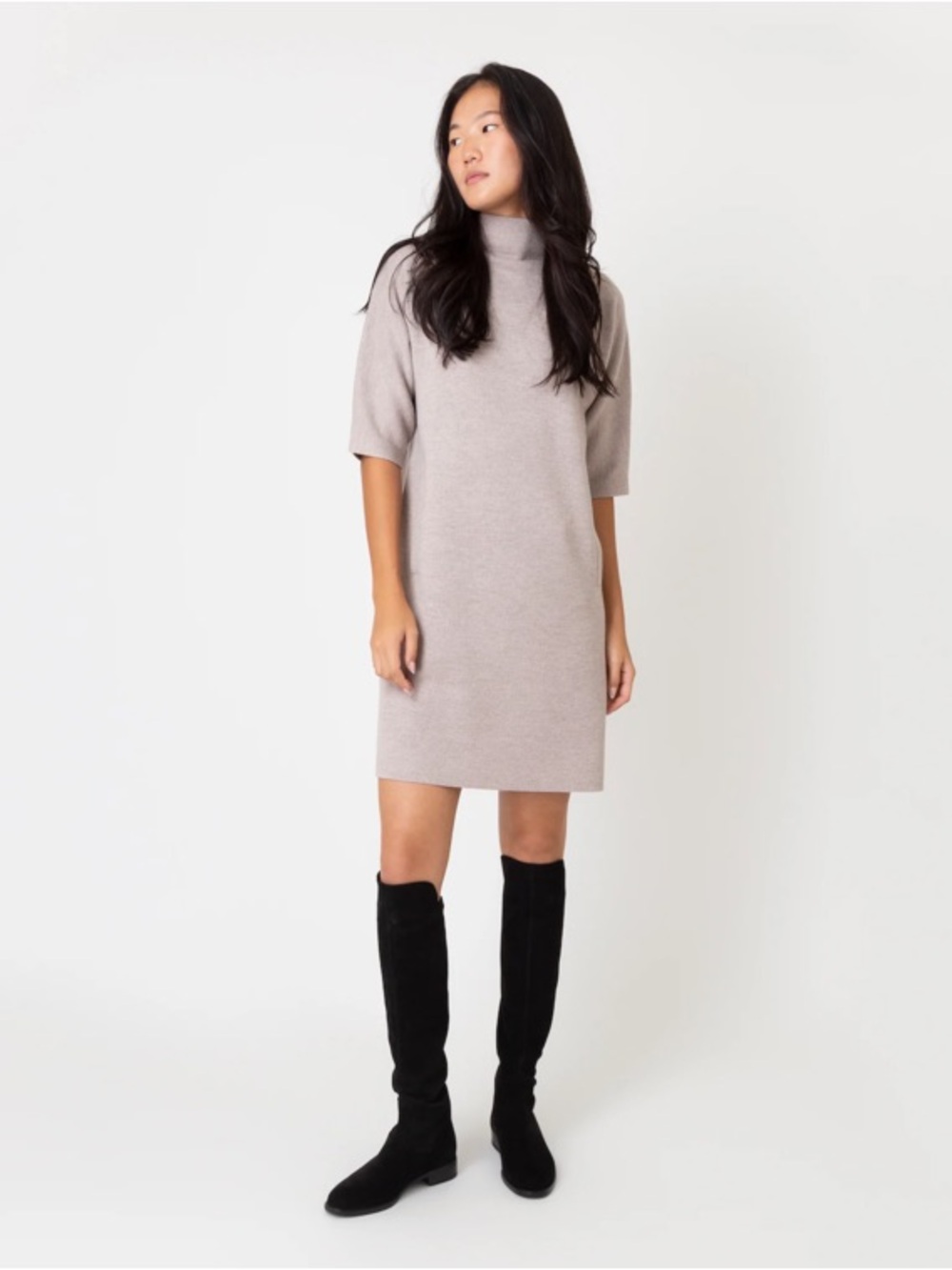 Ann Mashburn - Rowan Short Sleeve Merino Wool Funnel Neck Dress - Heather Stone